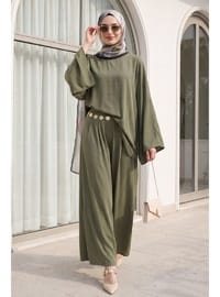 Asimetrik Kesim Geniş Kol Bol Paça Pantolonlu Kemerli Modal Takım Haki