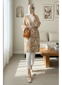 Beli Bağlamalı Etnik Desen Modal Kimono Bej