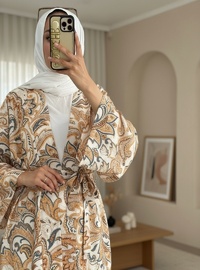 Beli Bağlamalı Etnik Desen Modal Kimono Bej
