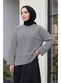 Bisiklet Yaka Yırtmaçlı Çizgili Viskon Sweat Siyah