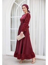 Saten Abiye Eteği Ve Kolları Gül Detaylı Bordo