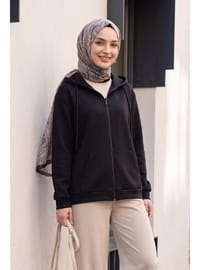Kapşonlu Fermuarlı Cepli Penye Sweat Siyah