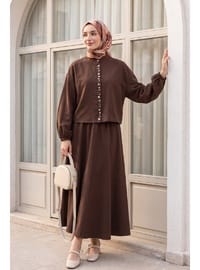 Kolu Lastikli Önü İncili Düğmeli Etekli Modal Takım Kahve