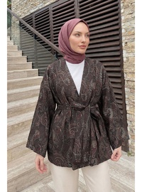 Şal Desen Kuşaklı Kimono 2375 Açık Kahve