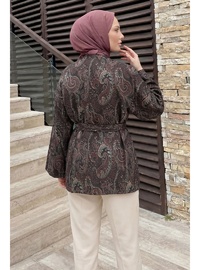 Şal Desen Kuşaklı Kimono 2375 Açık Kahve