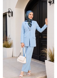 Krep Takım Tek Düğmeli Cep Detaylı Kruvaze Yaka Pantolonlu Bebe Mavi