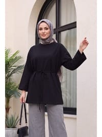 Yuvarlak Yaka Beli Bağlamalı Penye Tunik Siyah